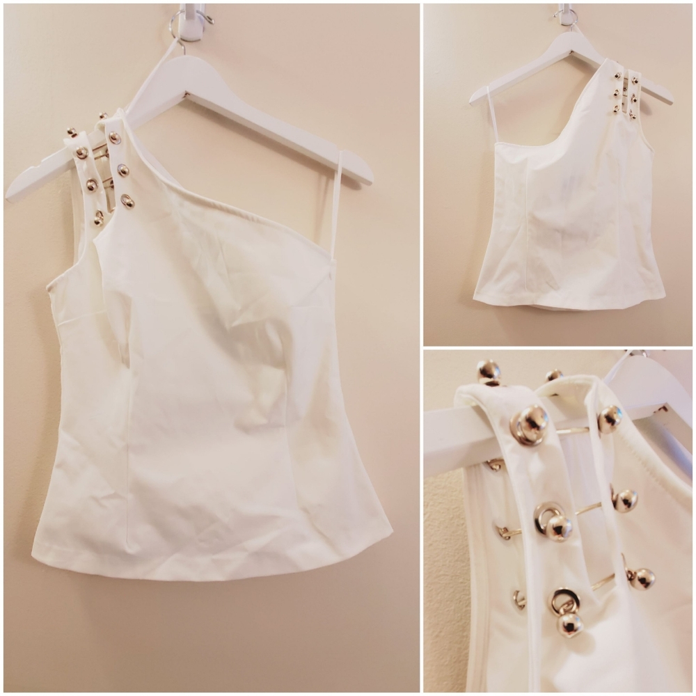 JF Lefon one shoulder tank with metal embellishments with size zipper, MD, NWT